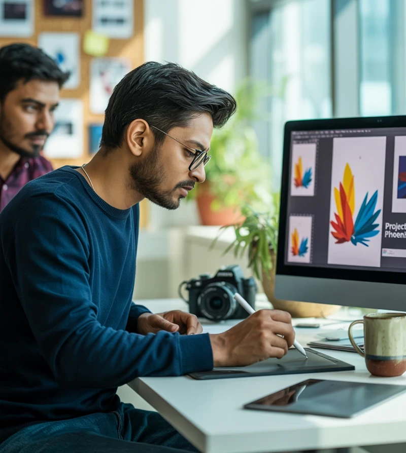 indian-graphic-designer-working-in-a-clean-office-desk